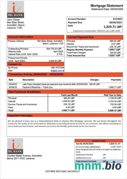 Liban Bank Międzykontynentalny Libanu (IBL) wyciąg z kredytu hipotecznego szablon Word i PDF